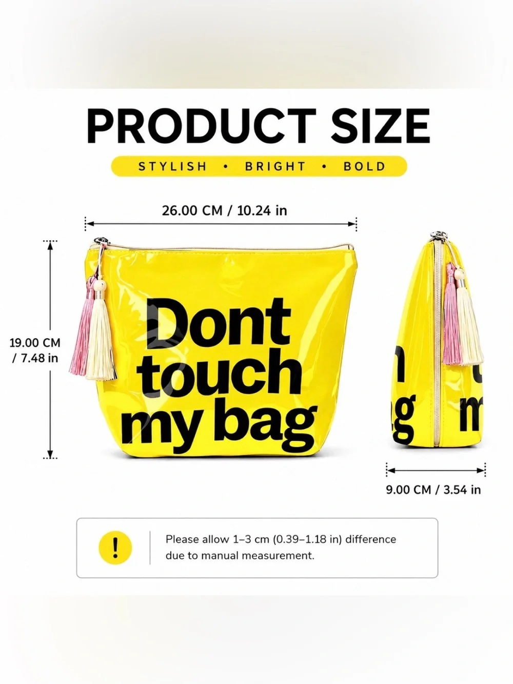 Yellow 'Don't Touch My Bag' Vinyl Pouch with Tassel